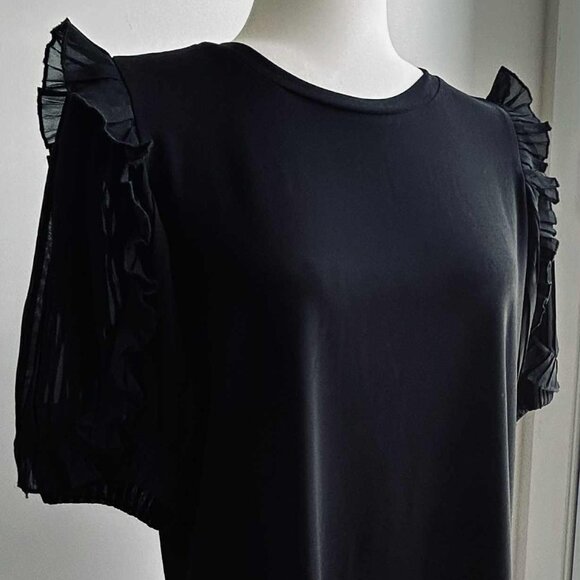 Anne Klein Black Stretch Knit Crewneck Top with Pleated Chiffon Sleeves – US L - Picture 9 of 12